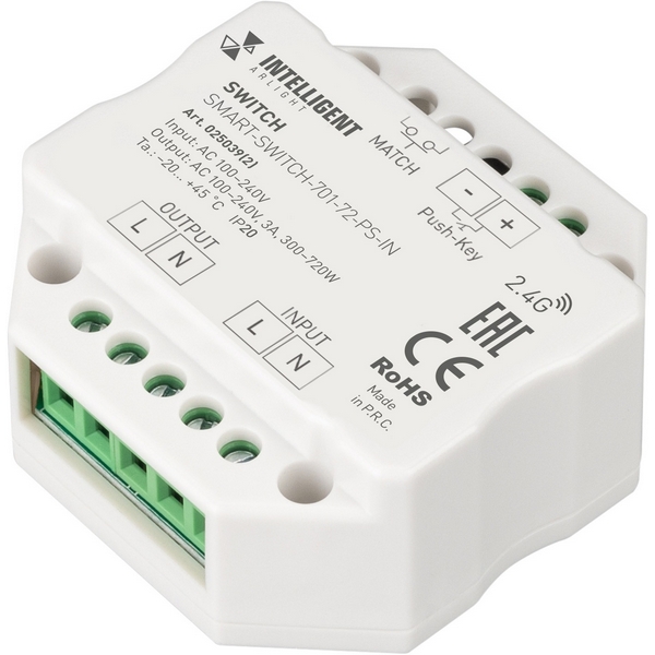 INTELLIGENT ARLIGHT Релейный модуль SMART-SWITCH-701-72-PS-IN (230V, 1x3A, 2.4G) (IARL, IP20 Пластик, 5 лет) 025039(2)-77254