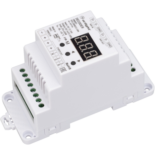 Декодер SMART-K23-DMX512-DIN (12-24V, 3x6A) (Arlight, IP20 Пластик, 5 лет) 027126-77254