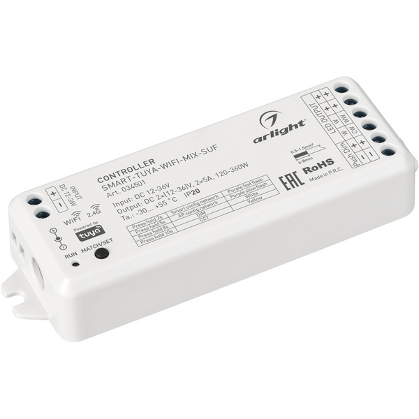 Контроллер SMART-TUYA-WIFI-MIX-SUF (12-36V, 2x5A, 2.4G) (Arlight, IP20 Пластик, 5 лет) 034501-33681