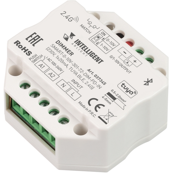 INTELLIGENT Диммер SMART-0-10V-301-72-DIM-PD-IN (230V, 1x20mA, TUYA BLE, 2.4G) (IARL, IP20 Пластик, 5 лет) 037345-52799
