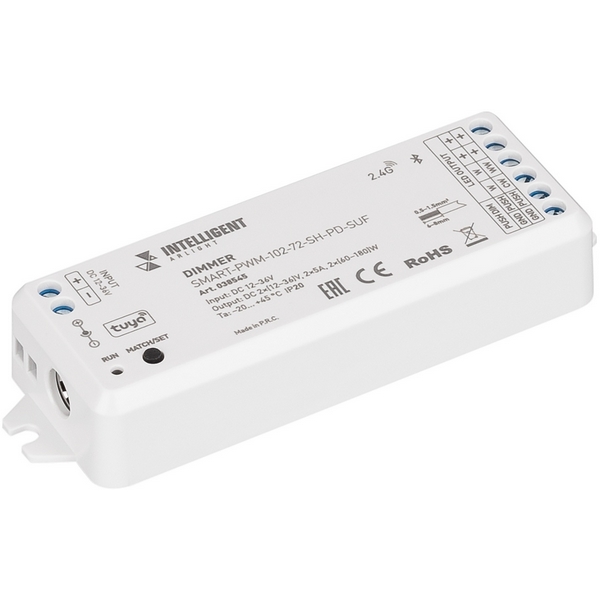 INTELLIGENT ARLIGHT Диммер SMART-PWM-102-72-SH-PD-SUF (12-36V, 2x5A, TUYA BLE, 2.4G) (IARL, IP20 Пластик, 5 лет) 038545-40519