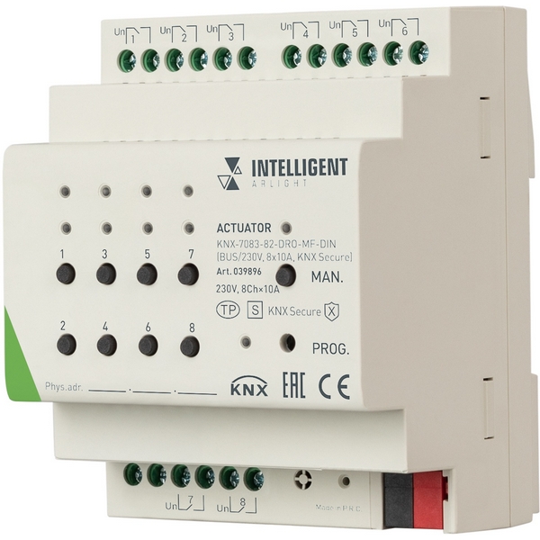 INTELLIGENT ARLIGHT Актуатор KNX-7083-82-DRO-MF-DIN (BUS/230V, 8x10А, KNX Secure) (IARL, IP20 Пластик, 2 года) 039896-52799