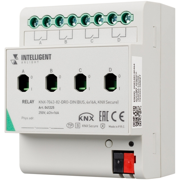 INTELLIGENT ARLIGHT Релейный модуль KNX-7043-82-DRO-DIN (BUS, 4x16А, KNX Secure) (IARL, IP20 Пластик, 2 года) 041225-65741